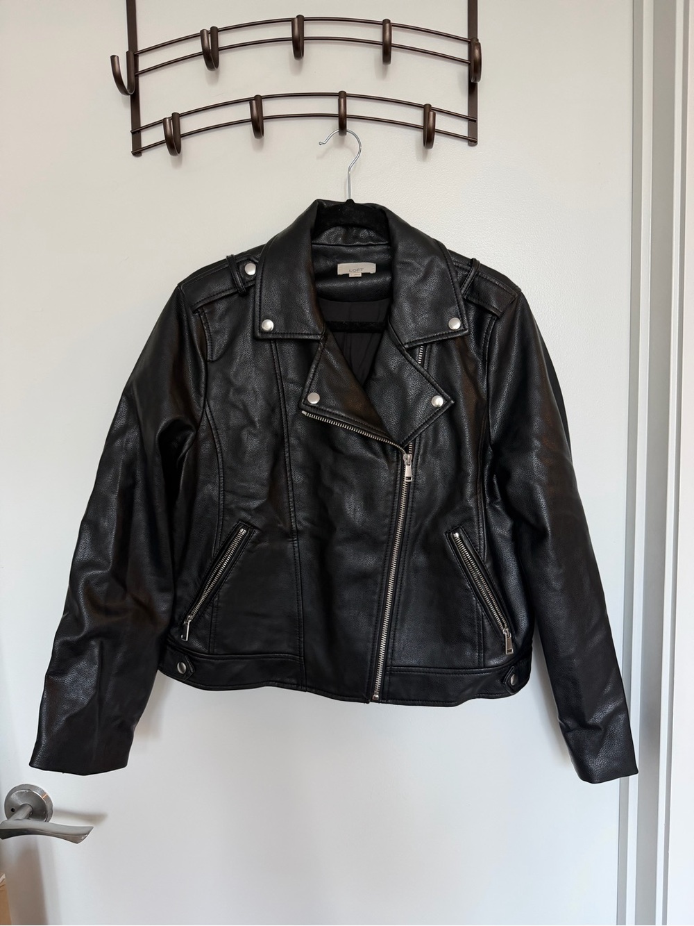 LOFT Black Faux Leather Moto Jacket with Silver Hardware